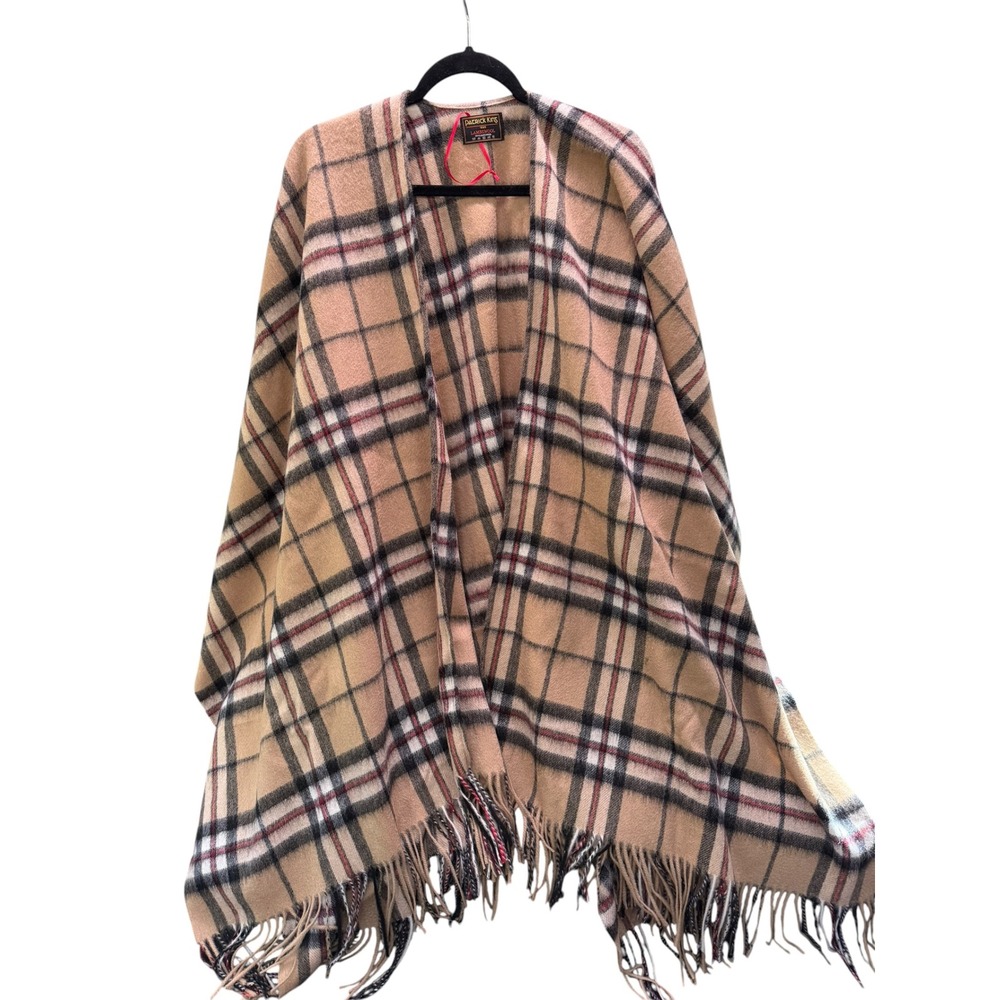 Patrick King Lambswool Cape Wrap Women OS Tan Plaid Fringed Poncho  Scotland‎